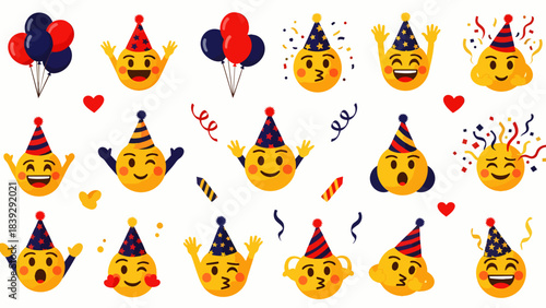 Celebratory emoji faces wearing party hats with balloons and confetti express joy and excitement for a festive occasion.