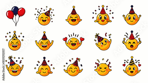 Collection of happy and excited cartoon emojis wearing party hats and celebrating with confetti and balloons.