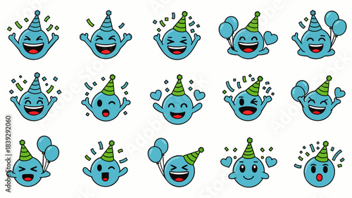 Joyful blue characters with party hats and confetti express excitement and celebration in a fun cartoon style.