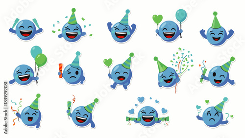 Joyful blue characters celebrate with party hats, balloons, and confetti, expressing happiness and excitement.