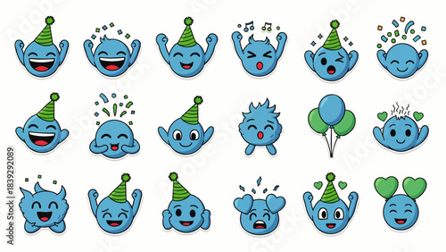Collection of cheerful blue cartoon characters wearing party hats, expressing joy and excitement with balloons and confetti.