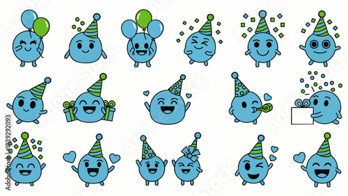 Cute blue cartoon characters celebrating with party hats, balloons, and gifts, conveying joy and excitement for a special occasion.