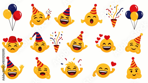 Collection of cheerful emoji faces celebrating with party hats, confetti, and balloons, conveying joy and excitement.