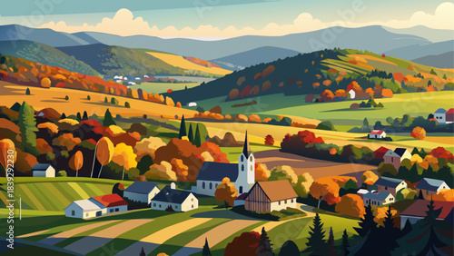Very beautiful aerial view of Bennington, Vermont, featuring rolling hills, autumn forests, and charming rural textures under bright clear daylight.
