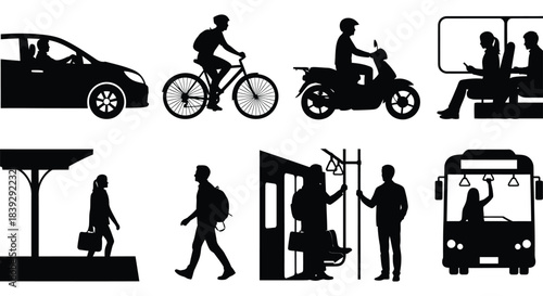 Urban mobility Silhouettes showing commuters using cars bikes scooters and public transit
