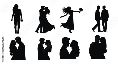 Romantic couple silhouettes depicting wedding moments and intimate loving embraces for design