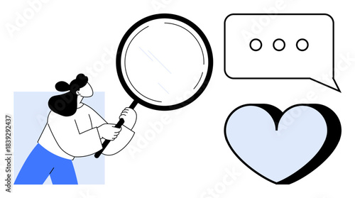 Search, communication, relationships, concepts, exploration, analysis. Woman holding magnifying glass next to speech bubble and heart icon. Search and communication concept for relationships