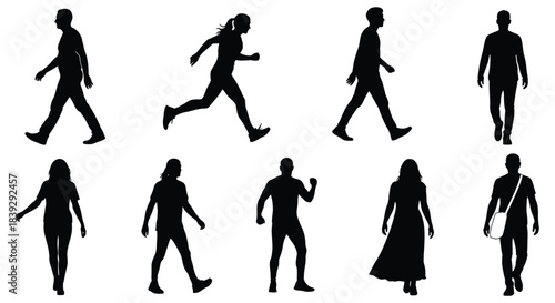 People silhouettes showing walking running and standing poses