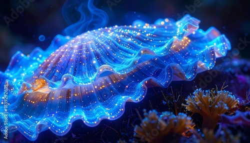 Glowing clamshell, blue with speckles, nestled among soft corals in an underwater environment, fantastical and colorful