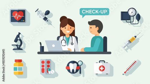 Flat design illustration of a doctor conducting a medical check-up for a patient, surrounded by various healthcare and diagnostic icons.