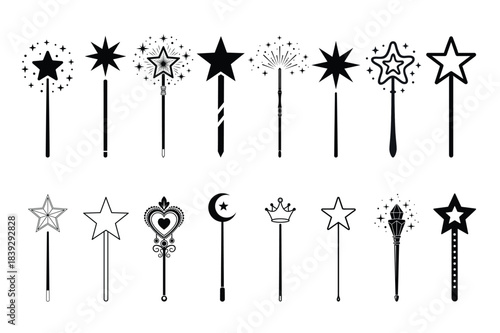 Fairy Magic Wand with Stars, Hearts and Moon Icon Collection Vector