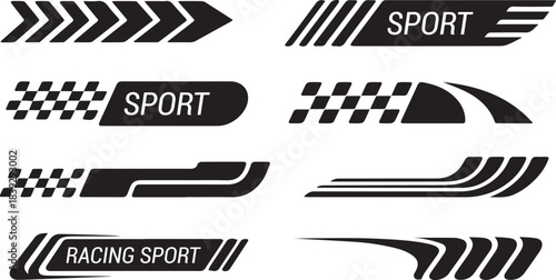 Set of modern racing stripe graphics with checkered patterns, red blue black motorsport decals, speed line elements