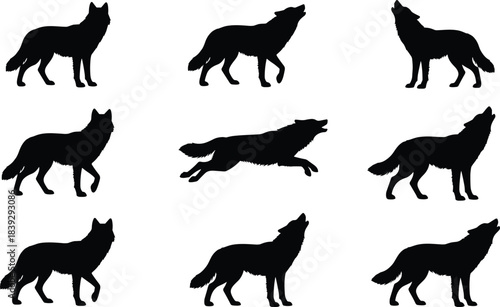 American football player action silhouettes, dynamic set of nine poses, throwing, catching, and tackling figures, professional sport competition graphics, isolated vector.