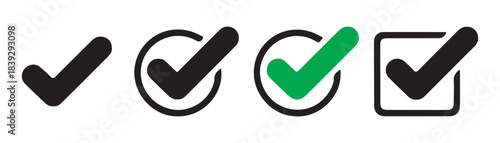 Check mark icons set, complete task and voting, success confirmation button graphic symbol