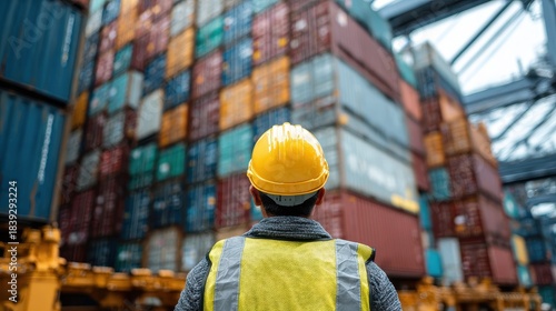 Back view of a logistics coordinator ensuring stock container in a port. 