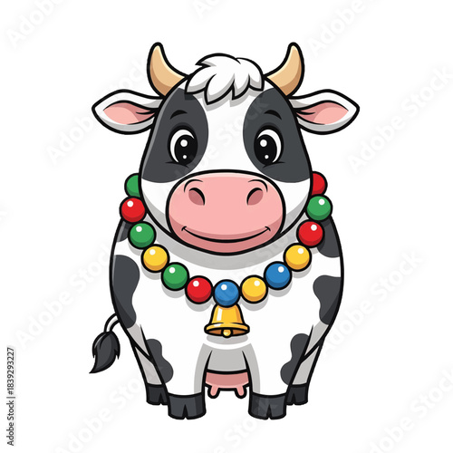 A cute cartoon cow adorned with colorful beads and a bell around its neck, perfect for children's designs and animal-themed projects. The cow has a friendly expression