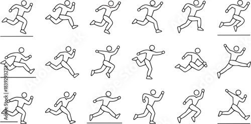 Running Athlete Motion Sequence Icons Sprinting Jogging Fitness Activity Outline Poses Stick Figure Animation Frames for Sports Apps Training Guides UI UX Design Infographics Editable Vector Set.