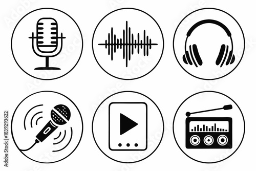 Audio Icons: An array of sleek, minimalist icons capturing the essence of sound technology, ideal for a variety of media-related projects. 