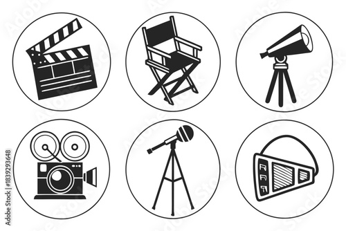 Film and Entertainment Icons: A collection of meticulously designed icons representing the multifaceted world of film production and entertainment, capturing the essence of cinema.