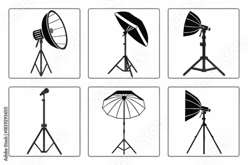 Photography Lighting Equipment: A comprehensive display of photography lighting equipment, including softboxes, umbrellas, and stands.