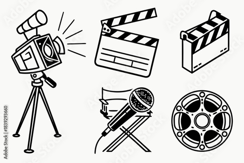 Lights, Camera, Action!🎬: Capturing the essence of filmmaking with iconic tools – a classic camera on a tripod, a traditional clapperboard, and essential equipment for cinematic storytelling.