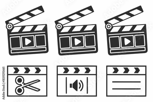 Cinema Icons: Illustrative rendering of cinema-related icons, including clapperboards and movie-editing tools, ready to add cinematic flair to your projects. 