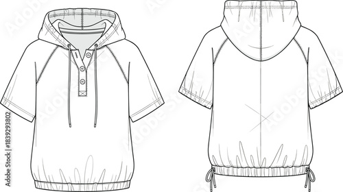 Technical Flat Sketch Vector Drawing of Women's Short Sleeve Pullover Hoodie Top with Raglan Sleeves, Button Placket, and Drawcord Hem.