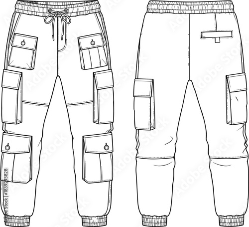 Technical Flat Sketch Vector Drawing of Men's Cargo Jogger Pants with Elastic Waistband, Multiple Flap Pockets, and Ribbed Cuffs.