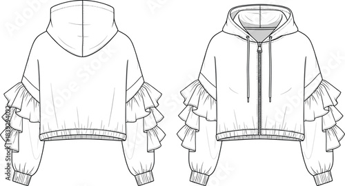 Women's Fashion Technical Sketch of Cropped Zip-Up Hoodie with Tiered Ruffle Voluminous Sleeves, Ribbed Hem, and Cuffs in Black and White Outline Drawing.