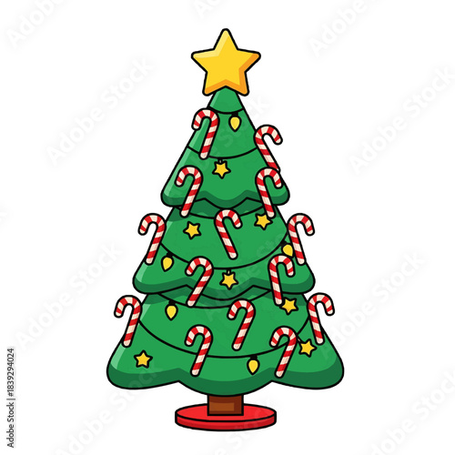 Festive Christmas tree with candy canes and star decorations. A joyful and festive cartoon tree for the holiday season