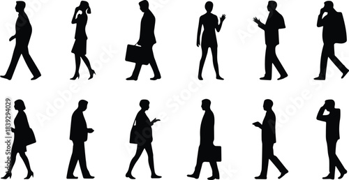  Professional People Silhouettes — Front & Side View Vector Set for Urban Design, Architecture, and UI Icons — Walking, Standing, Carrying Briefcases — Editable Template