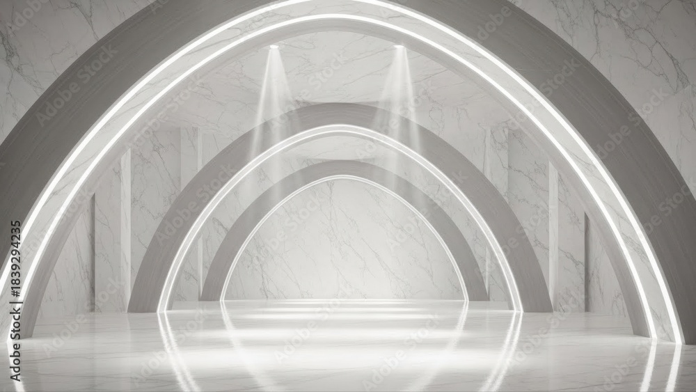 Fototapeta premium Elegant white marble arches with integrated light strips forming a clean futuristic hallway with smooth reflections.