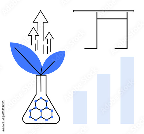 Sustainability, biotechnology, eco solutions, scientific innovation, economic growth, environmental balance. A plant in a flask with arrows, graphs and a table. Sustainability and biotechnology