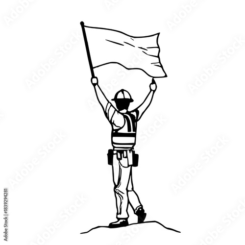 Silhouette of Construction Worker Raising a Flag: