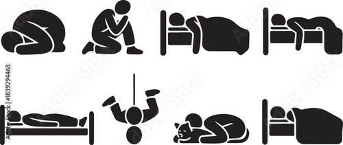  Sleeping People Silhouettes — Vector Set of Various Poses on Beds and Floors — For Wellness Apps, Bedding Brands, Posters, and Relaxation Design — Editable Template