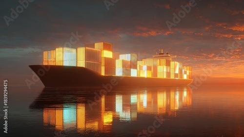 Container ship, futuristic cargo stacks glowing softly at sunrise, 3D illustration. 