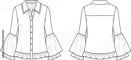 Women's Fashion Technical Sketch of Cropped Zip-Up Hoodie with Tiered Ruffle Voluminous Sleeves, Ribbed Hem, and Cuffs in Black and White Outline Drawing.