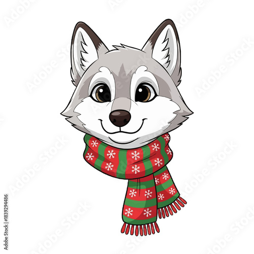 A cute wolf wearing a festive scarf with a smiling face