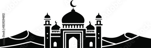 Badshahi mosque silhouette with crescent moon and desert landscape