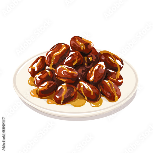Vector illustration of a plate of dates smothered in honey isolated on a white background