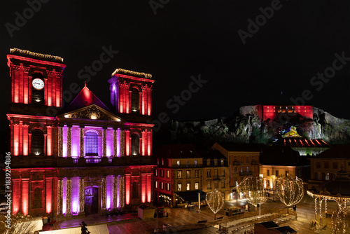 Bild auf Leinwand The lion monument, the Citadel, the Cathedral of Saint Christopher and the central square of the city of Belfort decorated before Christmas