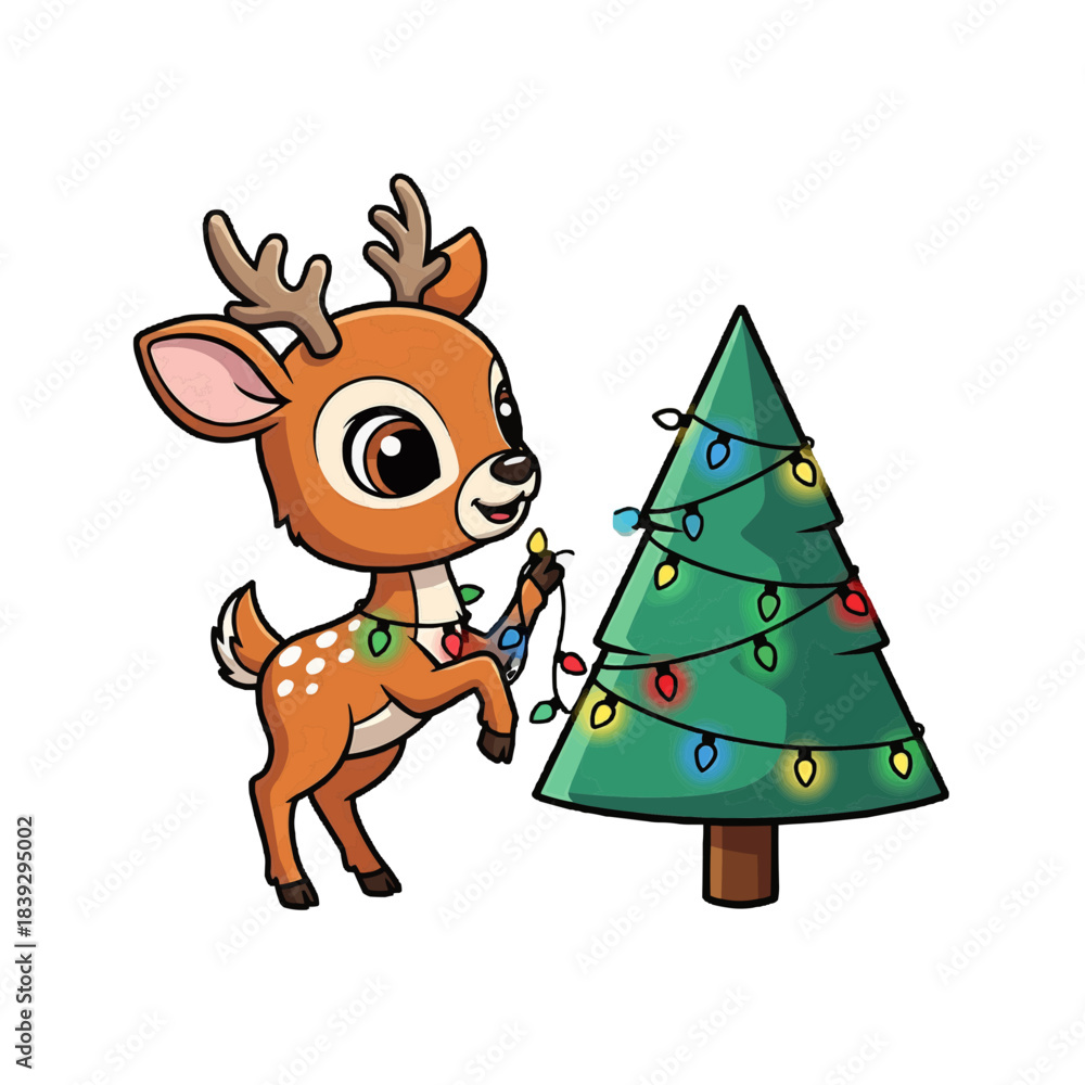 Obraz premium A charming deer decorating the Christmas tree. The deer is cheerful and festive, bringing holiday cheer with twinkling lights and decorated tree. 
