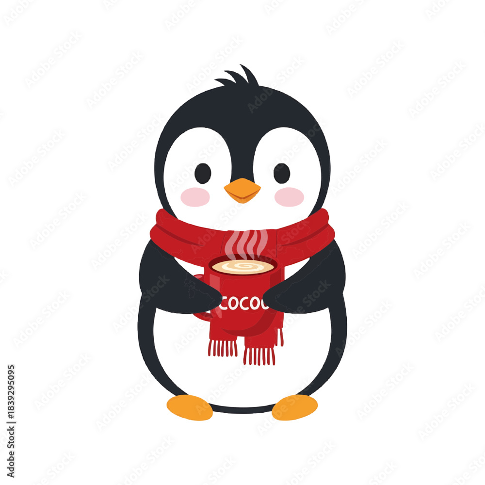 Fototapeta premium A cute penguin wearing a red scarf holding a mug of cocoa