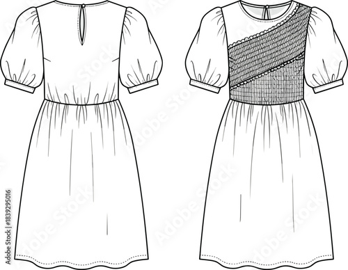 Women's Fashion Technical Sketch of Midi Dress with Smocked Diagonal Bodice, Puff Sleeves, Elasticated Waist, and Keyhole Back Neck Opening in Outline Drawing.