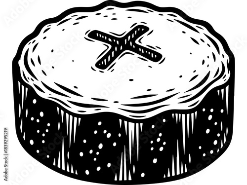 Woodcut Style Vector Illustration of Traditional Vasilopita Cake with Cross Design. European Holiday Dessert for Celebrations.