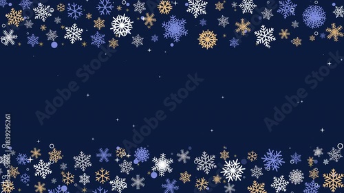 White, blue, and gold snowflakes with stars and circles along top and bottom of dark blue background. Festive winter frame. Loop animation.