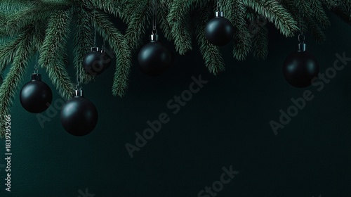 Dark green christmas tree with black and gold baubles on spruce branches, dark background, copy space, close up view, perfect for festive banner design and holiday themed layouts.
