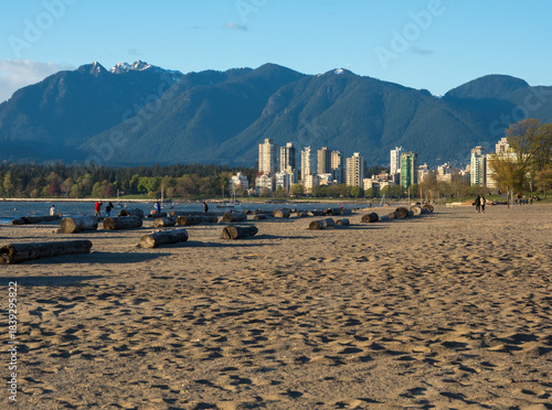 View of downtown Vancouver from Jericho beach with the setting sun