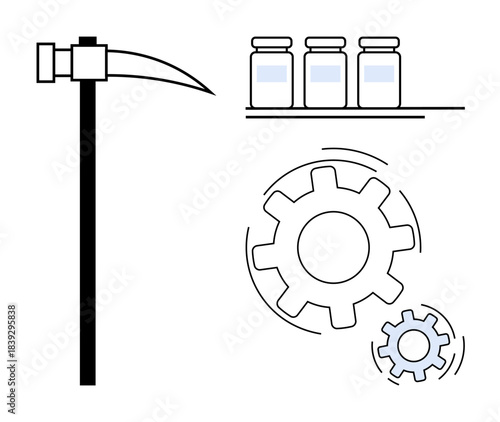 Industrial processes, mining operations, medical research, technological progress, engineering, manufacturing. Pickaxe, vials interlocking gears on white backdrop. Mining and medical research