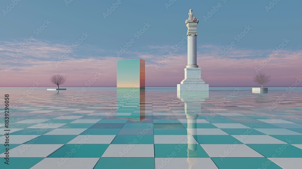 Naklejka premium Vaporwave surreal landscape with classical statue, tiled floor, columns, potted plant in a dreamy and aesthetic scene